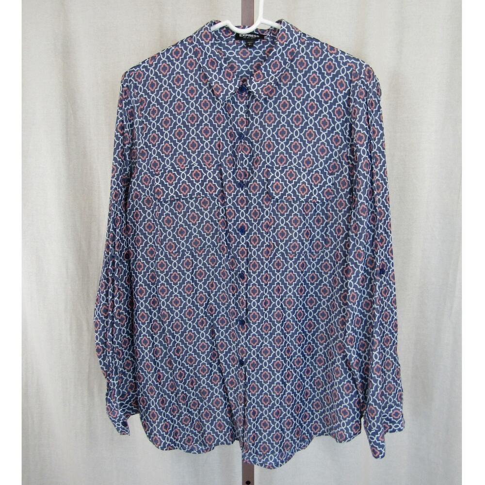 Express The City Shirt Large Blue Printed Retro Button Up Shirt Collared